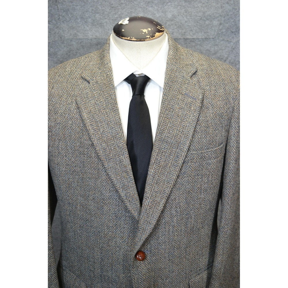 VTG Harris Tweed Blazer Mens 42L Gray Herringbone Scottish Wool Sport Coat USA